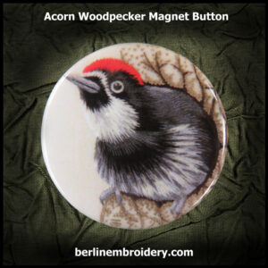 Needle Minder With a Print of the Acorn Woodpecker Embroidery Stitched by Tanja Berlin