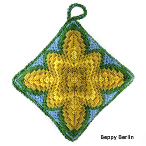 Canvas Work Cushion Worked in Blue, Green and Yellows Stitched by Beppy Berlin #cwcbgy