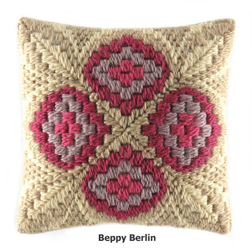 Canvas Work Cushion Worked in Pinks, Grey and Browns Stitched by Beppy Berlin #cwcpgb