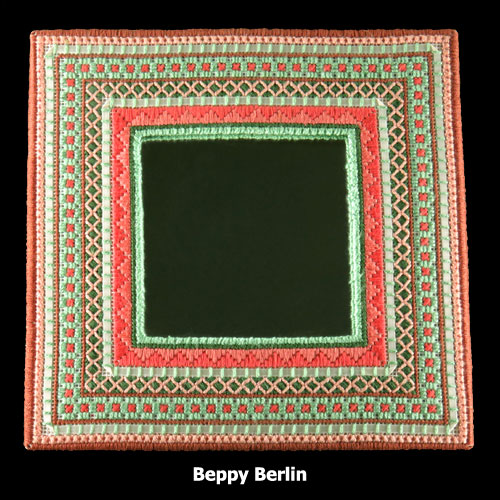 Canvas Work Mirror Frame in Pinks and Greens Stitched by Beppy Berlin #cwmfpg