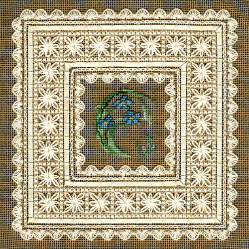 Hapsburg Lace Frame Sampler with Blue Forget-me-not's Stitched by Beppy Berlin #hlfsbfmn