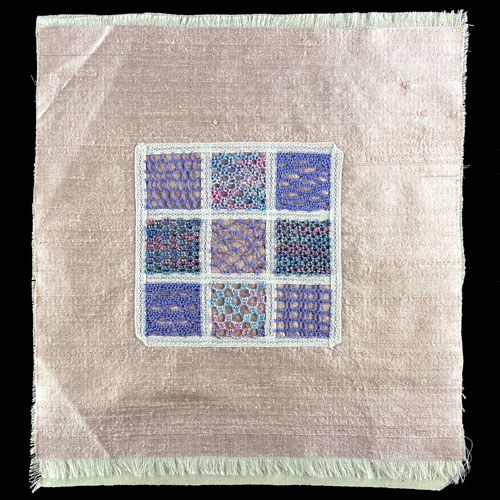 Needle Lace Sampler in Perle Cotton on Pink Fabric by Beppy Berlin #nlpcpf