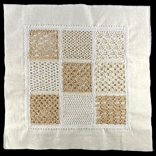 Needle Lace Sampler in Perle Cotton on Ecru Fabric by Beppy Berlin #nlpcef